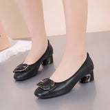 kamames Heels 2024 New Summer Leather Single Shoes Medium Thick Heels Professional Commuting Women's Shoes Work Shoes Black Leather Shoes