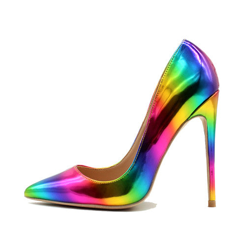 kamames Rainbow Printed Pointed Toe Woman Lady Female 10 cm 8 cm 12 cm high heel shoes Stilettos Women Pump QP006 ROVICIYA