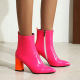 kamames Red Black Women Boots Fashion Pantet Leather Sqaure High Heel Ankle Boots Pointed Zipper Candy colors Ladies Shoes