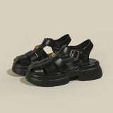 kamames Roman Sandals Women's Summer Thick Soles And High Heels Hollowed-Out Black Leather Shoes Mary Jane Love Shoes Single Shoes