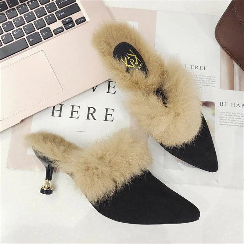 kamames Rabbit Fur Slippers Mules Pointed Toe Elegant High heels Shoes Women's Autumn New Furry Slides Flip Flops Office Work Shose