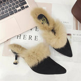 kamames Rabbit Fur Slippers Mules Pointed Toe Elegant High heels Shoes Women's Autumn New Furry Slides Flip Flops Office Work Shose
