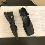 kamames Deformed Heel Autumn Luxury Chain Square Head Shallow Flat Shoes Women's Lazy Loafer Casual Flat Square Heels Lolita Shoes