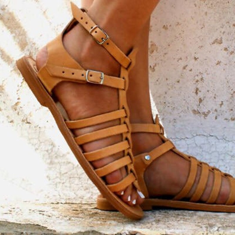 kamames Sgesvier Flat Sandals Ladies Summer Outdoor Fashion Leather Flat Shoes Peep Toe Slipper Buckle Strap Casual Rome sandals