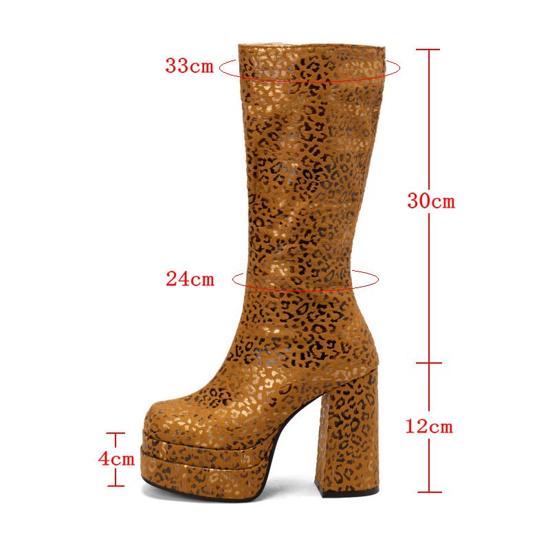 kamames Fashion Women Knee High Boots Flock Platform Chunky High Heel Punk Boots Square Toe Zipper Autumn Winter Ladies Shoes