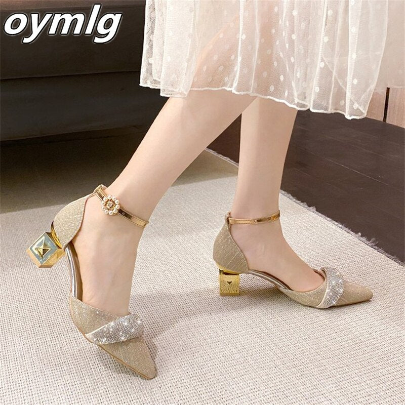 kamames heels women's 2022summer new fashion pointed toe rhinestone hollow stiletto shoes one word buckle sandals designer sandals