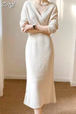 kamames French Casual V-Neck Solid Sweater Knitting Long Sleeve Dress Women Backless Knit Dress Korean Clothing Robe Autumn 2023
