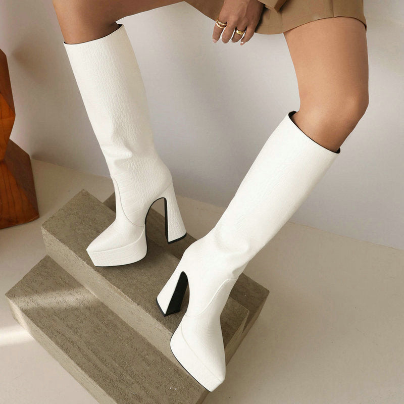 kamames Crocodile Leather Women Knee High Boots Fashion Platform Suqare High Heel Punk Boots Pointed Toe Motorcycle Boots Lady Shoe