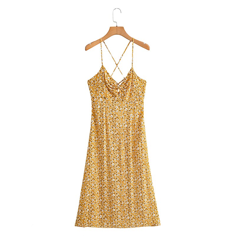 kamames Queens Women Yellow Floral Print Sleeveless Beach Bohemian Rayon Dresses Ladies Summer Spaghetti Strap Boho Midi Dress