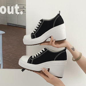 kamames High-Top Canvas Shoes Women's 2024 New Retro Thick Heels With Round Head Lace-Up Thick Soles And Small White Shoes