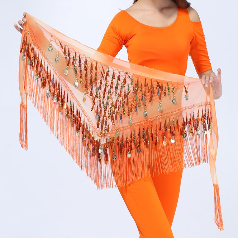 kamames Dance Hip Skirt Scarf For Wrap Waist Belt Bling Golden Coins Sequins Tassels Dance Accessories Chiffon fringe scarf