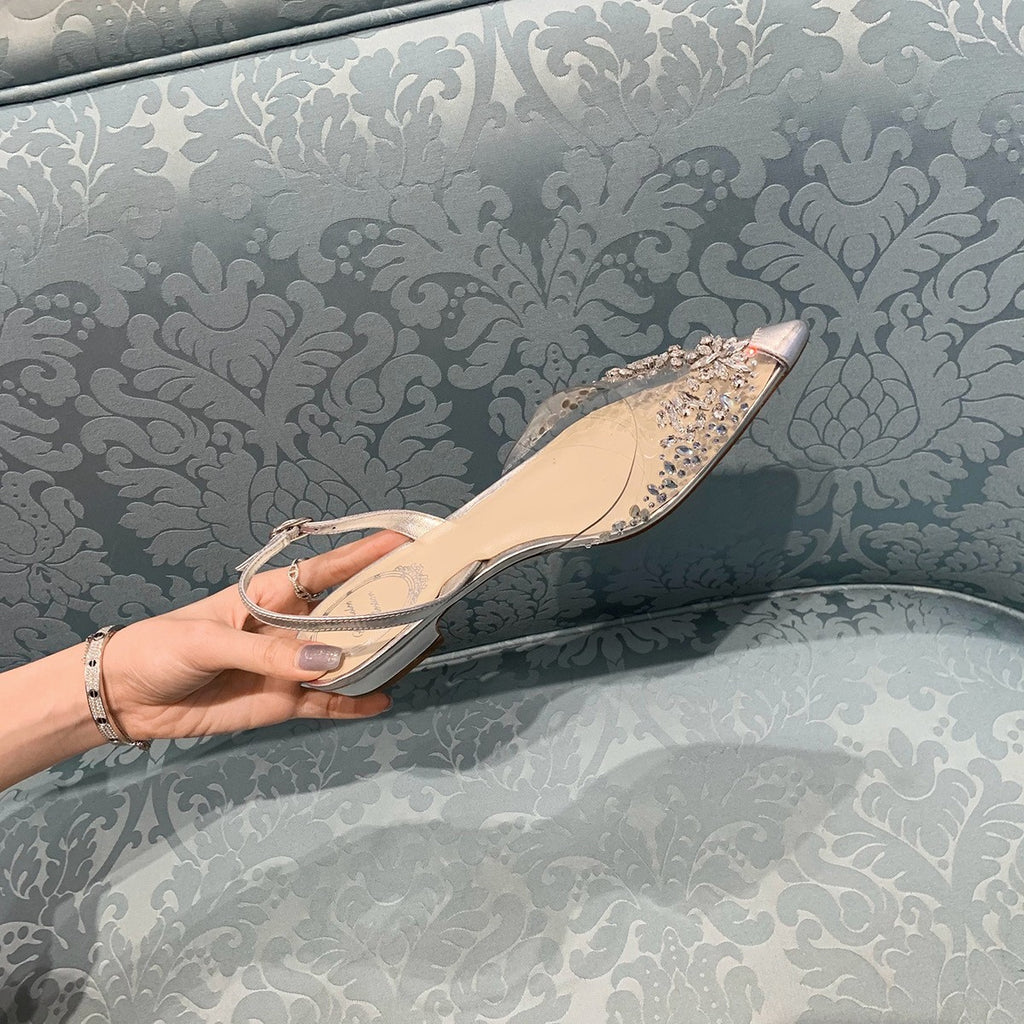kamames Diamond Transparent Sandals 2024 Summer New Style With Small Bag Head Flat Shoes Crystal Low-Heeled Women's Shoes