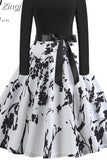 kamames Print Vintage Women New Spring Elegant Party Long Sleeve Casual Black Patchwork Midi Dress