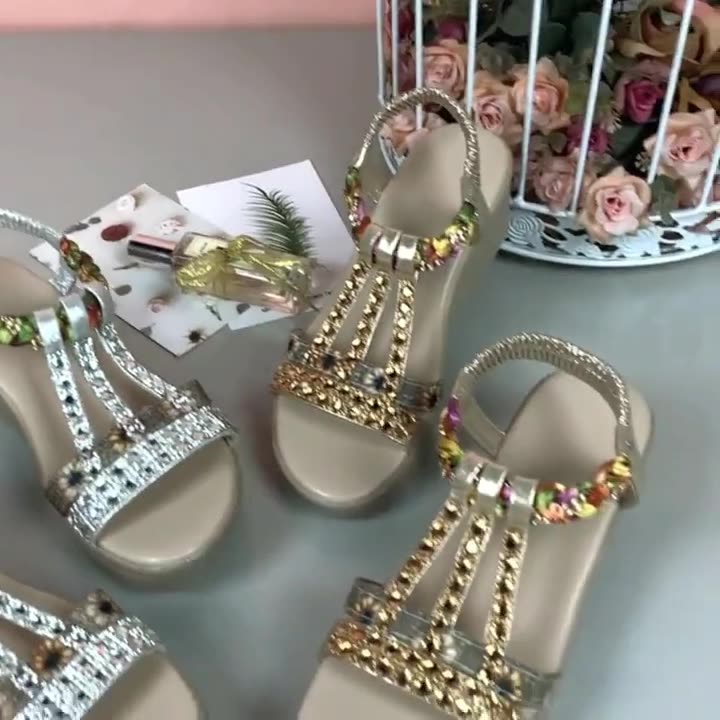 kamames Sandals Women's Summer 2024 New Comfortable Thick-Soled High-Heeled Shoes Bohemian Crystal Diamond Sandals