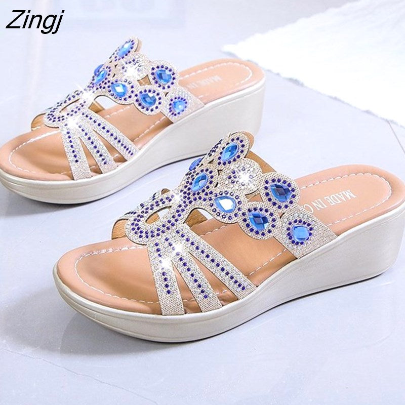 kamames Sandals Women 2023 Ladies Boho Slides Women Slippers Sandals Summer Crystal Shoes Peep Toe Flat Sandals