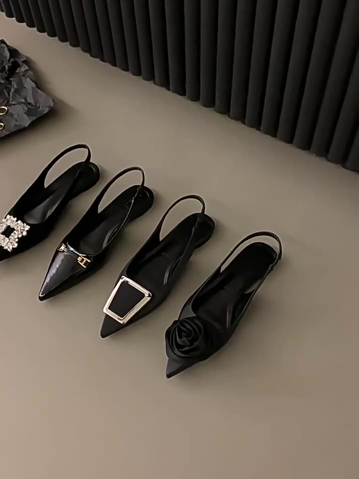 kamames Flat-Bottomed Black Baotou Sandals Fairy Shoes 2023 New Spring And Summer Pointed Diamond Single Shoes