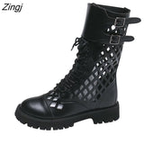 kamames Sales Genuine Leather Hollow Out Short Boots for Women Buckle Round Toe Thiick Heels Pumps Ladies Retro Party Shoe