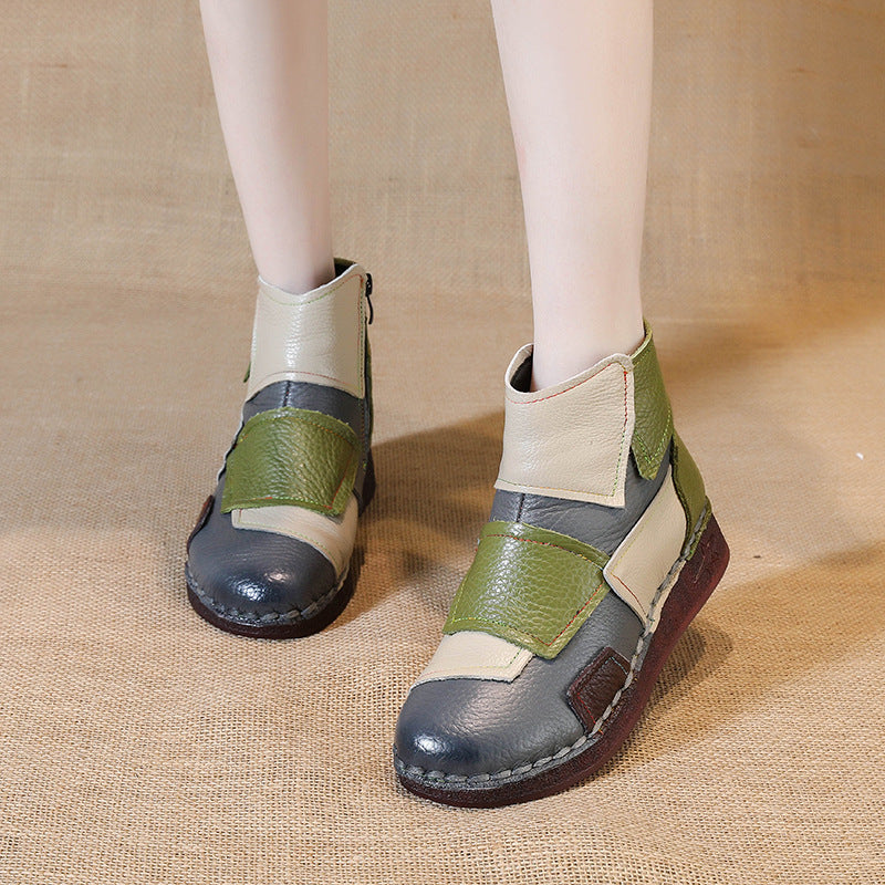 kamames Head Layer Cowhide Flat Bottom Recreational Women's Boots National Wind Color Leather Short Boots Warm Comfortable Cotton Shoes