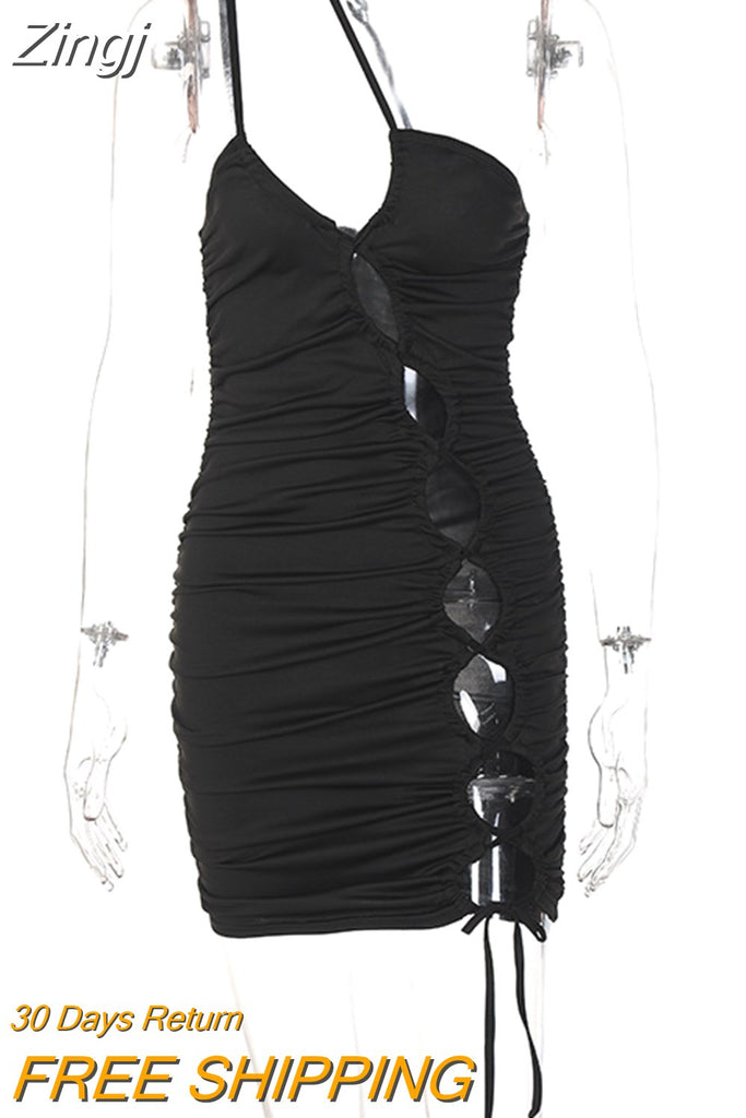 kamames Drawstring Ruched Lace Up Hollow Out Mini Dress Cut Out Bodycon Sexy Club Outfit Party Streetwear Festival Clothing 2023