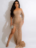 kamames Sexy Rhinestone Crystal Sheer Side Split Irregular Maxi Dress Women Off The Shoulder One Sleeve Party Club Long Dress