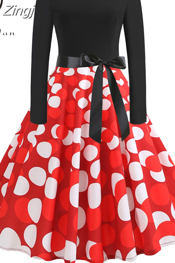 kamames Print Vintage Women New Spring Elegant Party Long Sleeve Casual Black Patchwork Midi Dress