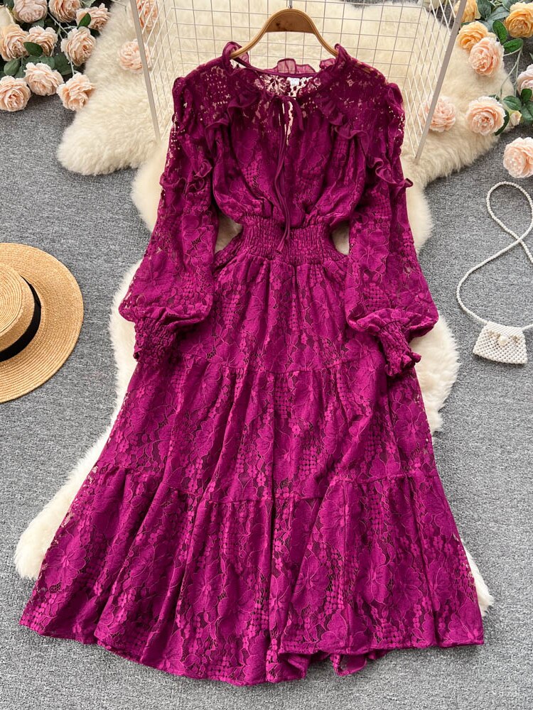 kamames Autumn Women Lace Midi Dress Vintage Round Neck Lantern Long Sleeve High Waist A-Line Elegant Party Robe New Fashion 2023