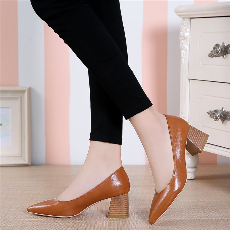 kamames Heels Pointed Toe Pumps Shoes Women Leather Med Heels V Mouth Casual Office Lady OL Shoes 5 cm Heel