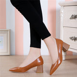 kamames Heels Pointed Toe Pumps Shoes Women Leather Med Heels V Mouth Casual Office Lady OL Shoes 5 cm Heel