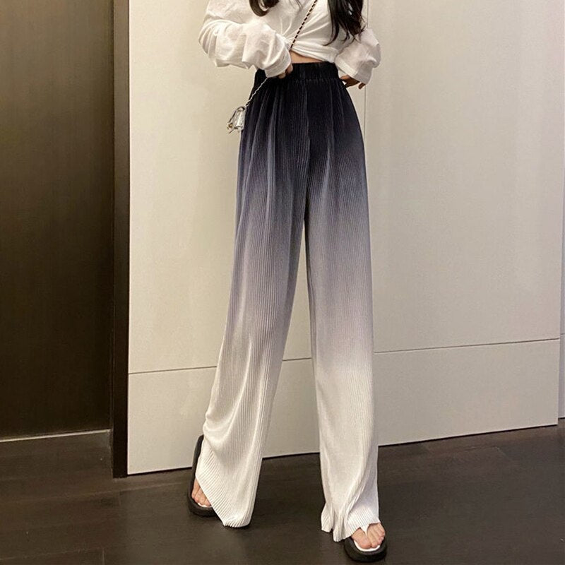 kamames Gradient Color Wide Leg Pants Women Summer Thin Pleated Straight Trousers High Waist Elastic Streetwear Women Y2k Pants