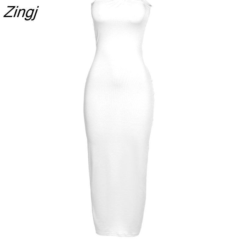 kamames Green Sexy Backless Ruched Long Dress Asymmetrical Shoulder Draped Slim Wrap Hip Bodycon Women Elegant Party Clubwear