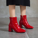 kamames Red Silver Fashion Patent Leather Women Boots Square Low Heel Ankle Boots Zipper Autumn Winter Boots Shoes 2021