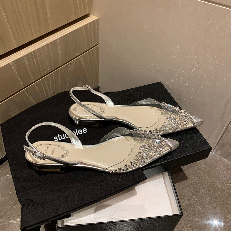 kamames Diamond Transparent Sandals 2024 Summer New Style With Small Bag Head Flat Shoes Crystal Low-Heeled Women's Shoes