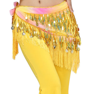 kamames Dance Hip Skirt Scarf For Wrap Waist Belt Bling Golden Coins Sequins Tassels Dance Accessories Chiffon fringe scarf