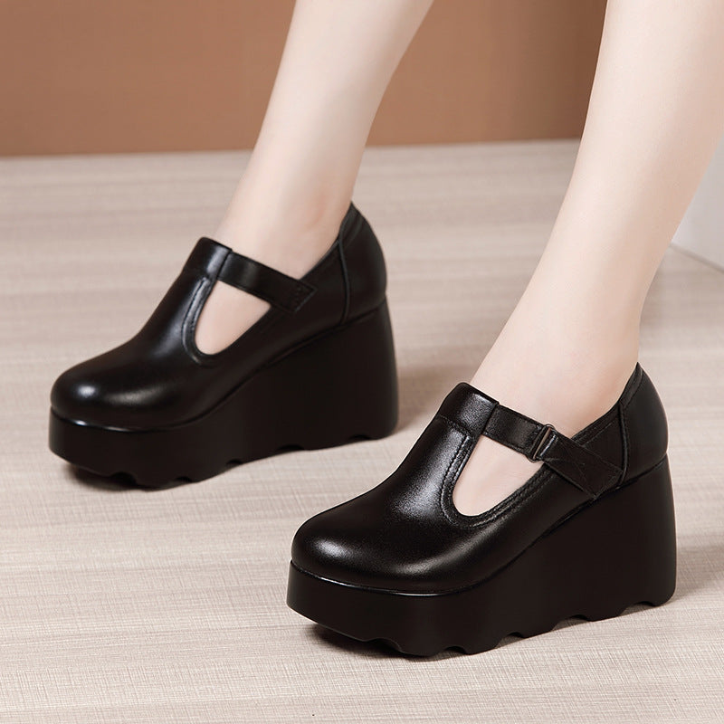 kamames Heel Slope Shallow Mouth Single Shoes 2023 Autumn New Muffin Thick Bottom Waterproof Table Round Head Large Size Female Mother Shoes