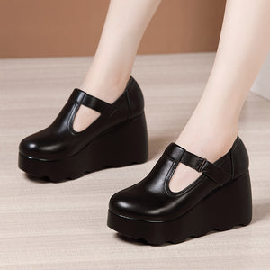 kamames Heel Slope Shallow Mouth Single Shoes 2023 Autumn New Muffin Thick Bottom Waterproof Table Round Head Large Size Female Mother Shoes