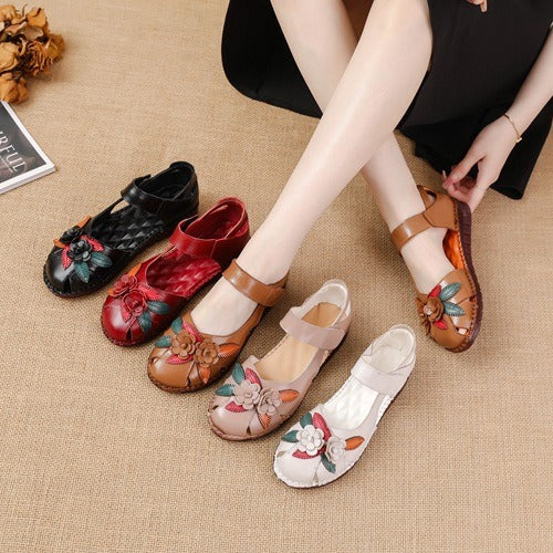 kamames Head Layer Cowhide Cow Tendon Bottom Mother Shoes Flat Sandals Hole Hole Anti-Slip Soft Bottom Soft Surface National Wind