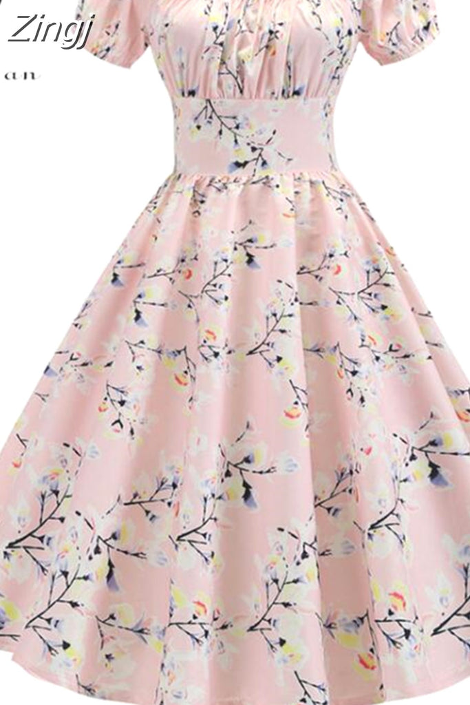 kamames Dress Women Puff Sleeve Swing Vintage Dresses Robe Femme Elegant Floral Print Pin Up Party Dresses Jurken