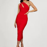 kamames Diagonal Collar Ruched Dress Women Solid Summer Backless White Club Outfits Sexy One Shoulder Hollow Out Party Dress