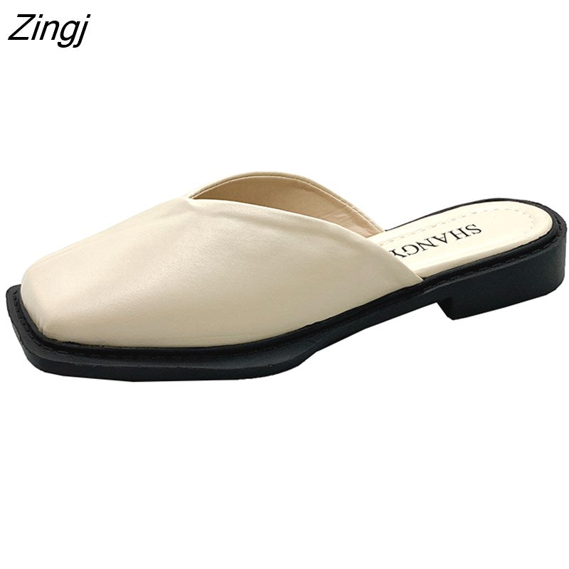 kamames Deformed Heel Autumn Luxury Chain Square Head Shallow Flat Shoes Women's Lazy Loafer Casual Flat Square Heels Lolita Shoes