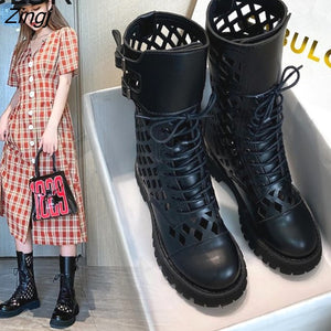 kamames Sales Genuine Leather Hollow Out Short Boots for Women Buckle Round Toe Thiick Heels Pumps Ladies Retro Party Shoe
