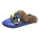 kamames Real Fur Metal Chain Mules Women Shoes Loafers Round Toe Casual Shoes Women Furry Slides Fluffy Hairy Flip Flops