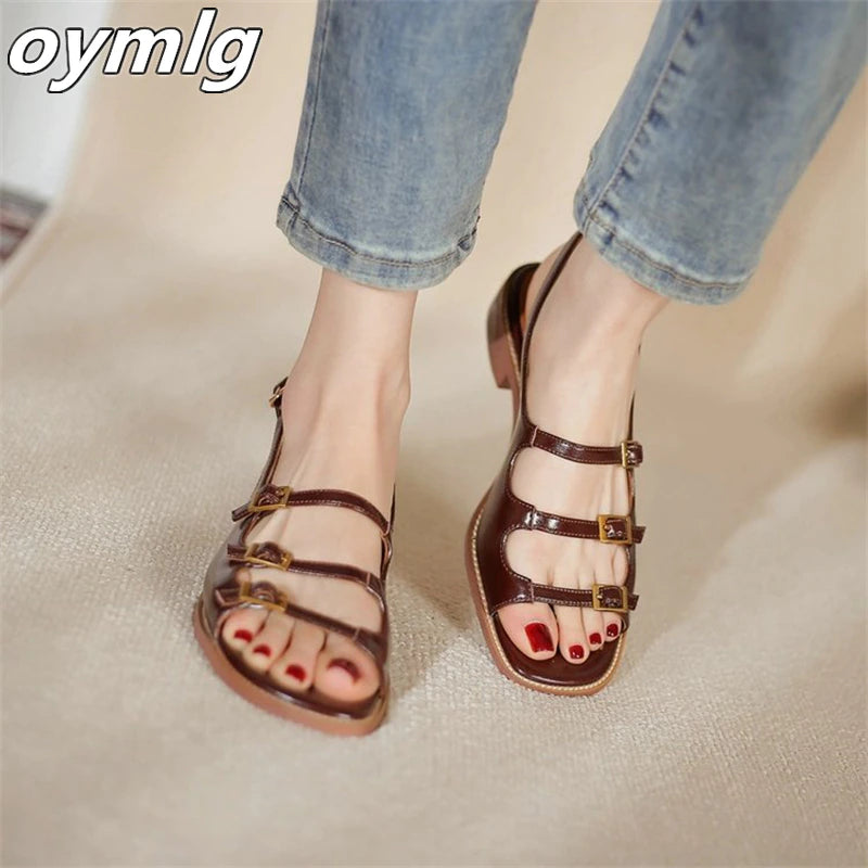 kamames retro one word buckle strap Roman sandals women's2022summer new square head all-match thin flat shoes designer sandals