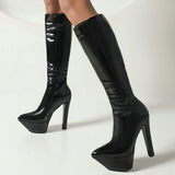 kamames Fashion Women Knee High Boots Bright Pu Platform Super High Heel Motorcycle Boots Pointed Toe Zipper Autumn Winter Shoes