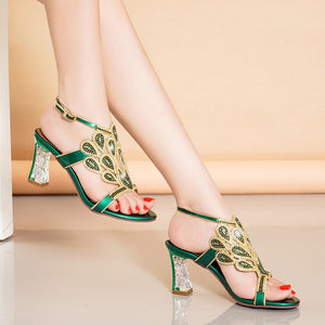 kamames High-Heeled Sandals Women's Water Diamond 2024 Summer New French Girls' Gentle Shoes Thick-Heeled Leather Crystal Wedding Shoes