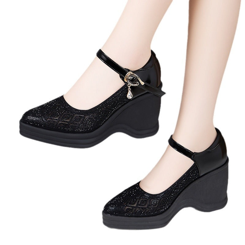 kamames Heel Water Drill Sandals 2024 Summer New Soft-Soled High-Heeled Thick-Soled Waterproof Platform One-Word Buckle Comfortable Hollowed-Out Single Shoes