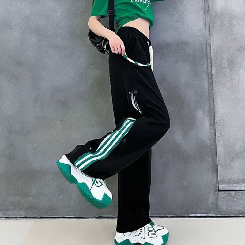 kamames Harajuku Loose Wide Leg Pants Women High Waist Elastic Streetwear Sweatpants Summer Vintage Lace Up BF Straight Trousers