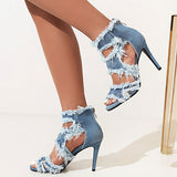 kamames Sgesvier Stiletto High Heels Gladiator Sandals for Women Cutout Jean Denim Tassel Fringe Sandal Shoes Summer Ladies size 33-46