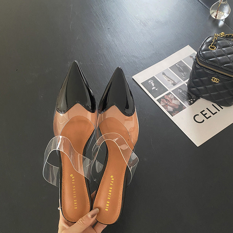 kamames Heels Transparent Love Noodles Spring And Summer New Matching Color Thin-Heeled Women's Shoes Korean Version Of Shallow Mouth Baotou Semi-Pointed Women's Shoes