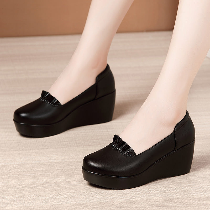 kamames Head, Soft Soles, Middle-Aged, Middle-Aged, Single Shoes, Women's Waterproof Table, Thick Soles, Medium Heels, Large Slope Heels, Women's Shoes.