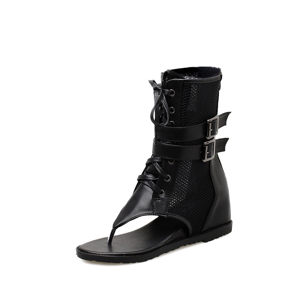 kamames Sandals Female Comfort Belt Buckle High Upper Raised Toe Student Shoes Southeast Asian Flat-Soled Roman Shoes